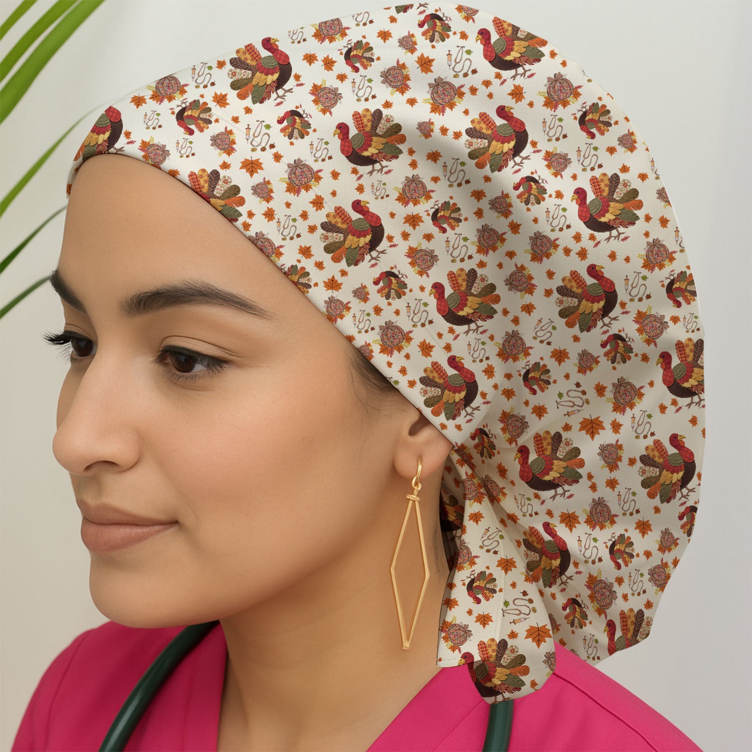Fall Leaves Thanksgiving Bouffant Scrub Caps for Women - Breathable Fabrics Caps Uniform - Funny Turkey Surgical Caps for Doctors