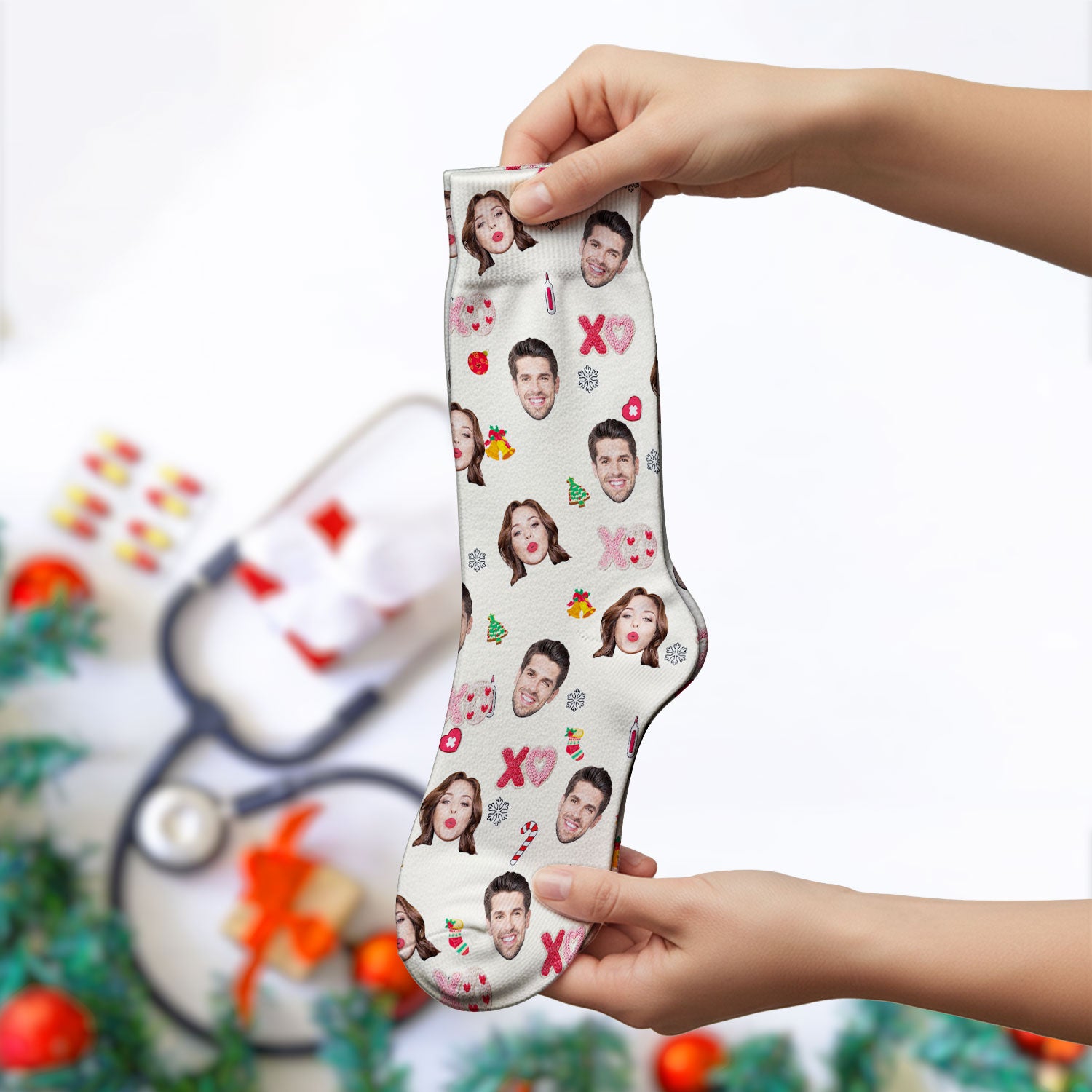 Personalized Photo Scrub Socks, Custom Face XOXO Scrub Sock, Breathable Fabrics Nursing Uniform