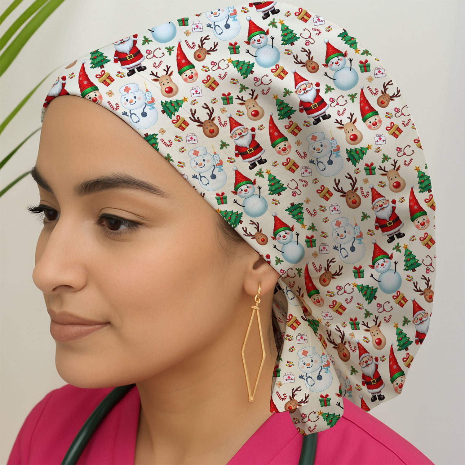 Christmas Bouffant Scrub Caps for Women - Cute Snowman Reindeer Santa Surgical Caps for Doctors - Breathable Fabrics Caps Uniform