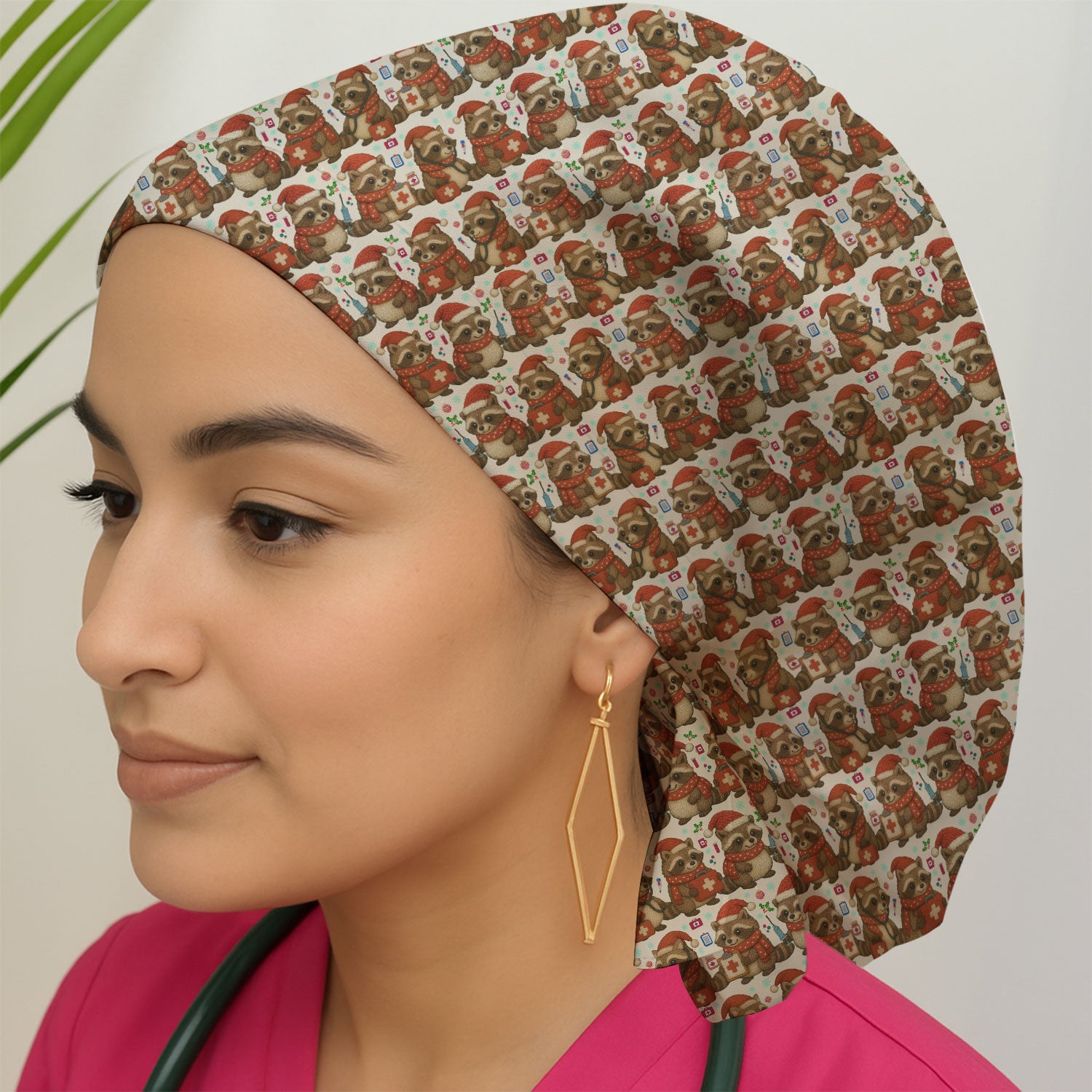 Christmas Scrub Cap – Nurse Raccoon Pattern Cap – Cute Medical Uniform For Nursing
