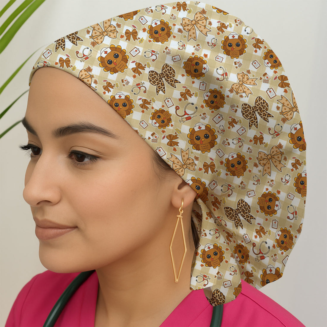 Thanksgiving Bouffant Scrub Caps for Women - Cute Turkey Holiday Nursing Gift - Fall Leaves and Bow Caps