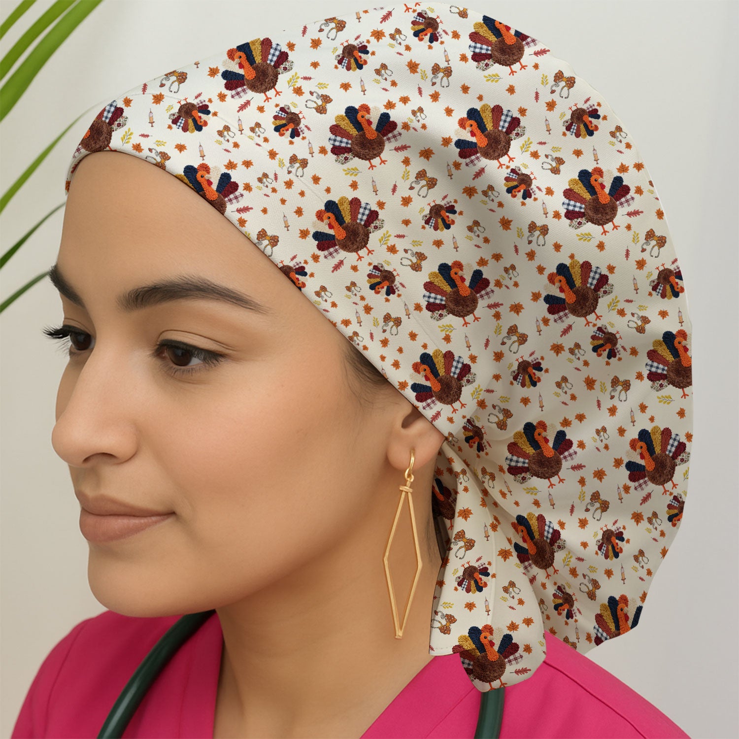Thanksgiving Bouffant Scrub Caps for Women - Funny Autumn Turkey Surgical Caps for Doctors - Breathable Fabrics Caps Uniform