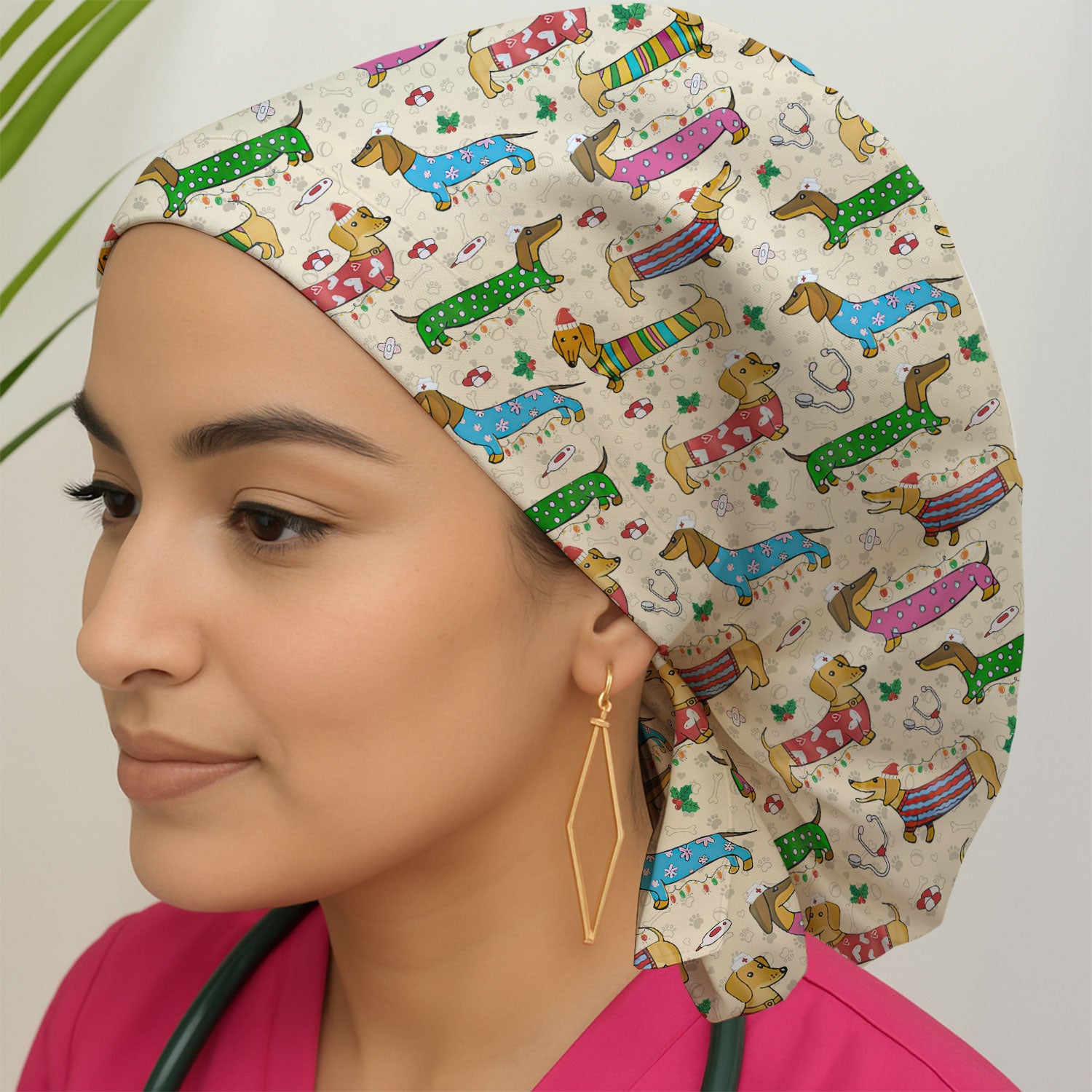 Funny Dachshund Bouffant Scrub Caps for Women - Cute Wiener Dog Holiday Nursing Gift - Puppy Lover Gift