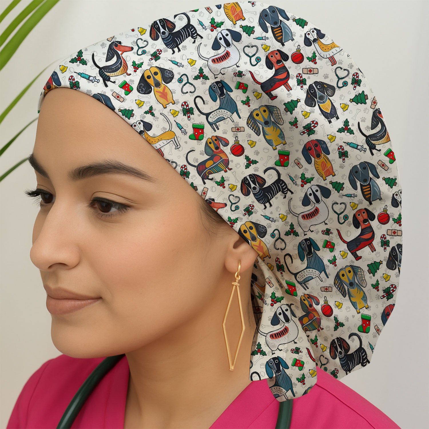Christmas Wiener Dog Bouffant Scrub Caps for Women - Dachshund Holiday Nursing Gift - Breathable Fabrics Caps Uniform