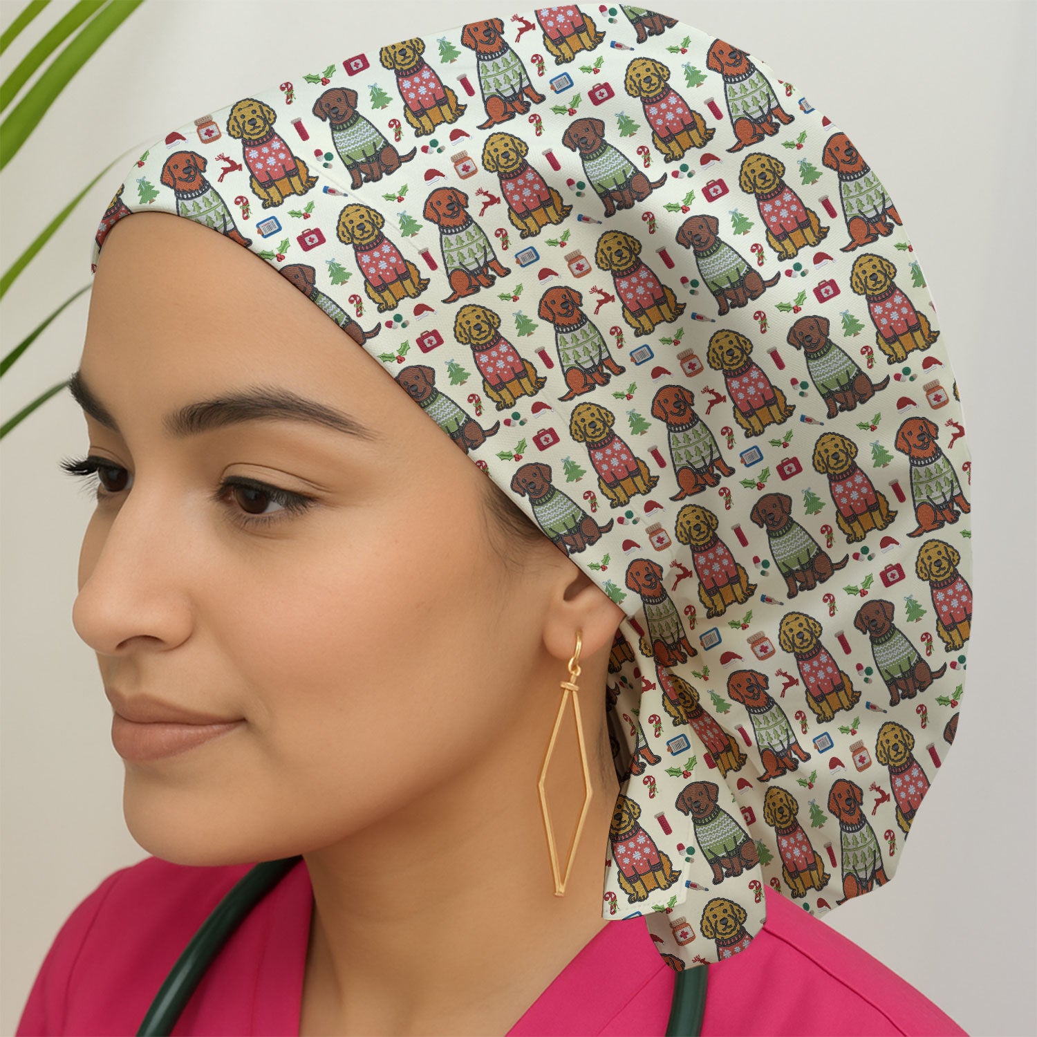 Golden Retriever Christmas Scrub Cap, Cute Holiday Dog Nurse Pattern Hat, Breathable Fabrics Nursing Uniform