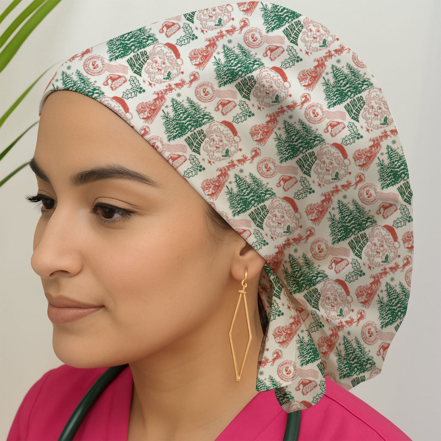 Christmas Santa Scrub Cap, Vintage Holiday Nurse Cap, Festive Medical Uniform For Nursing
