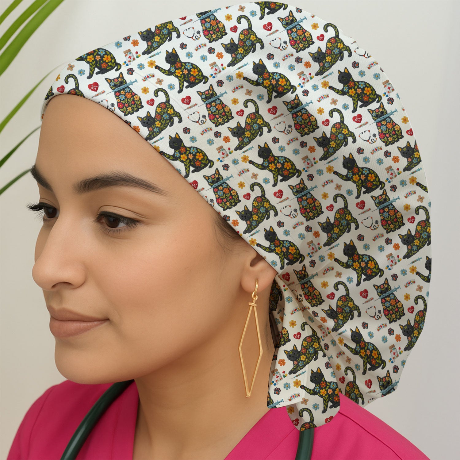 Floral Black Cat Pattern Scrub Cap, Cute Cat Nurse Scrub Hat, Medical Nursing Uniform