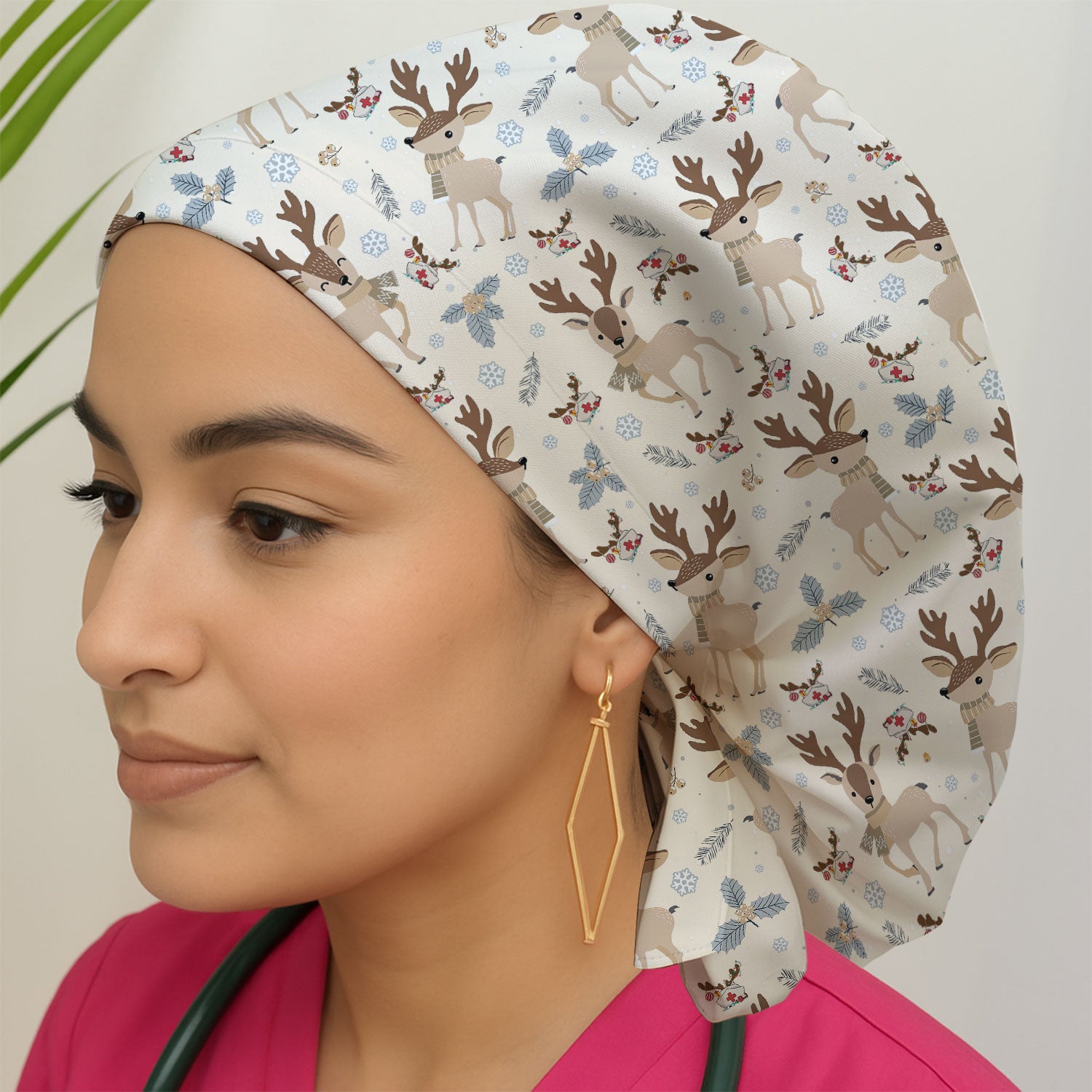 Reindeer Christmas Bouffant Scrub Caps for Women - Cozy Holiday Cute Deer Holiday Nursing Gift - Breathable Fabrics Caps Uniform
