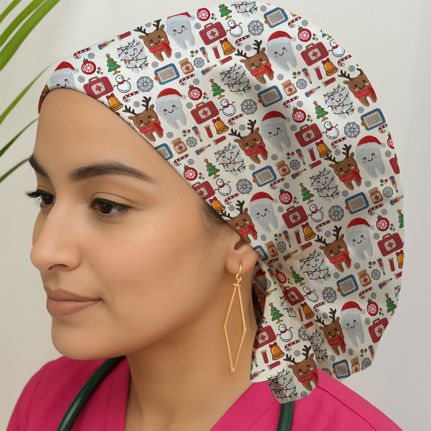 Christmas Dental Bouffant Scrub Caps for Women - Cute Santa & Reindeer Holiday Gift for Dentists, Hygienists, Nurses