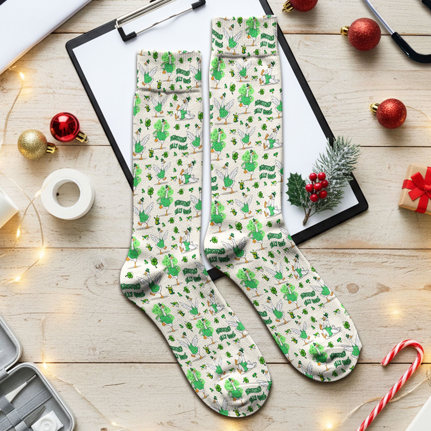 Silly Goose St. Patrick’s Day Scrub Socks, Funny Goose Shamrock Pattern Nurse Scrub Sock, Irish Green Nursing Uniform