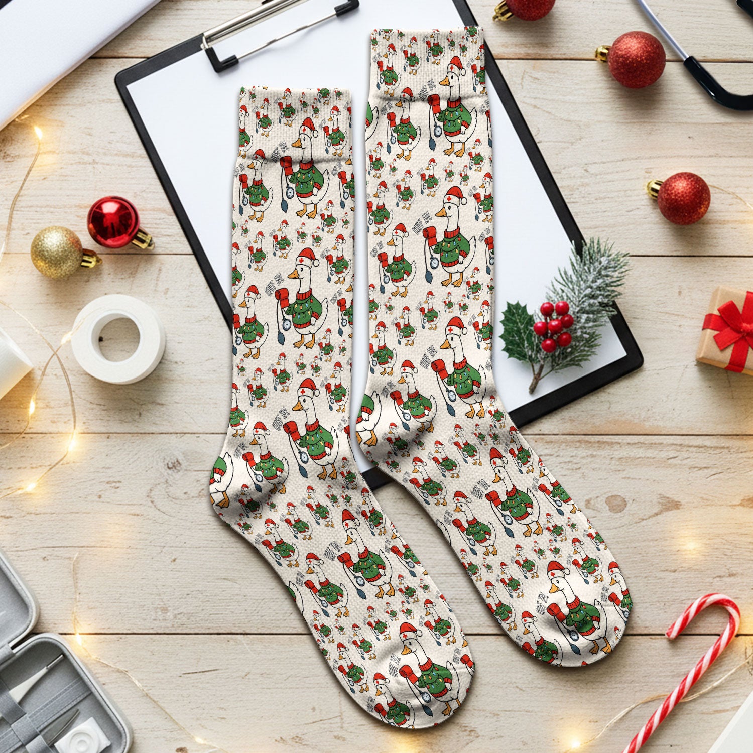 Nurse Christmas Duck Scrub Socks, Cute Goose Pattern Scrub Sock, RN LPN CNA Nursing Uniform