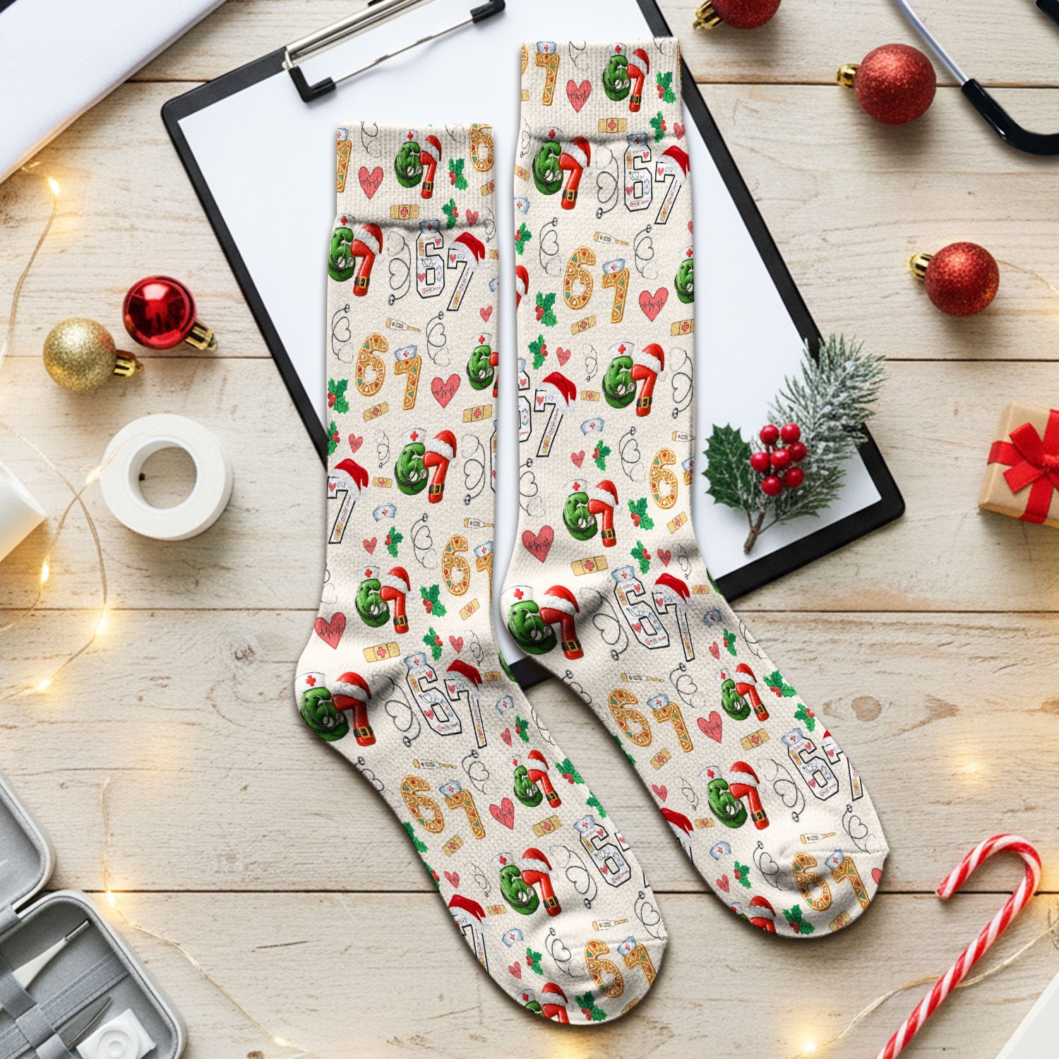 Christmas Nurse 67 Pattern Scrub Socks, Cute Holiday Medical Sock With Santa Hat, Uniform For Nursing