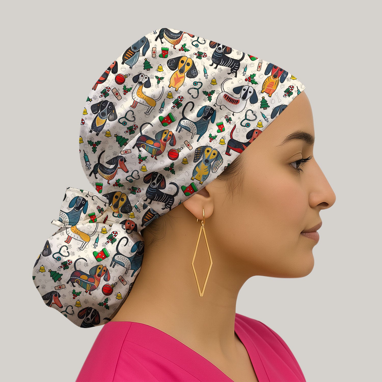 Christmas Wiener Dog Bouffant Scrub Caps for Women - Dachshund Holiday Nursing Gift - Breathable Fabrics Caps Uniform