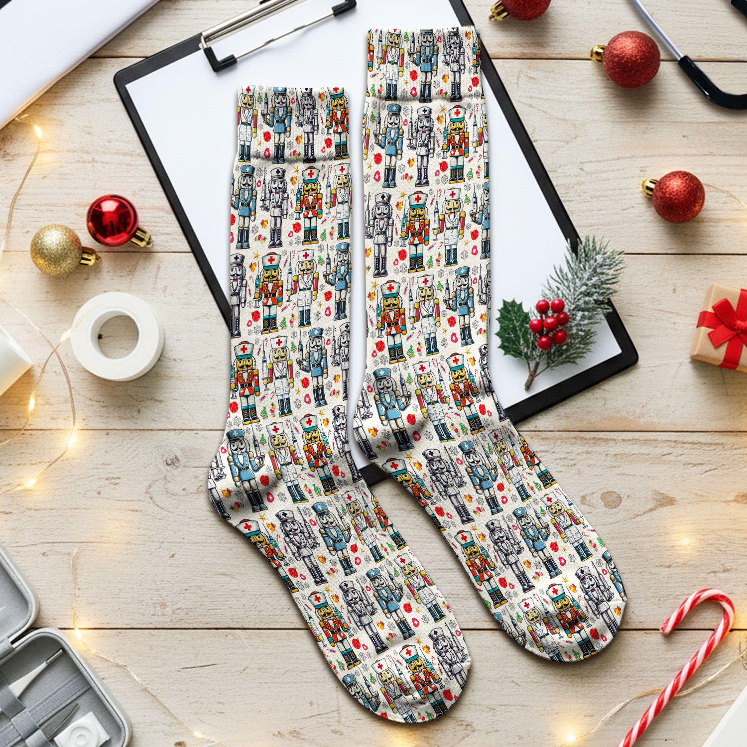 Funny Nutcracker Christmas Socks – Cute Holiday Nurse Pattern Sock – Festive Medical Uniform for RN, LPN, CNA, and Healthcare Workers