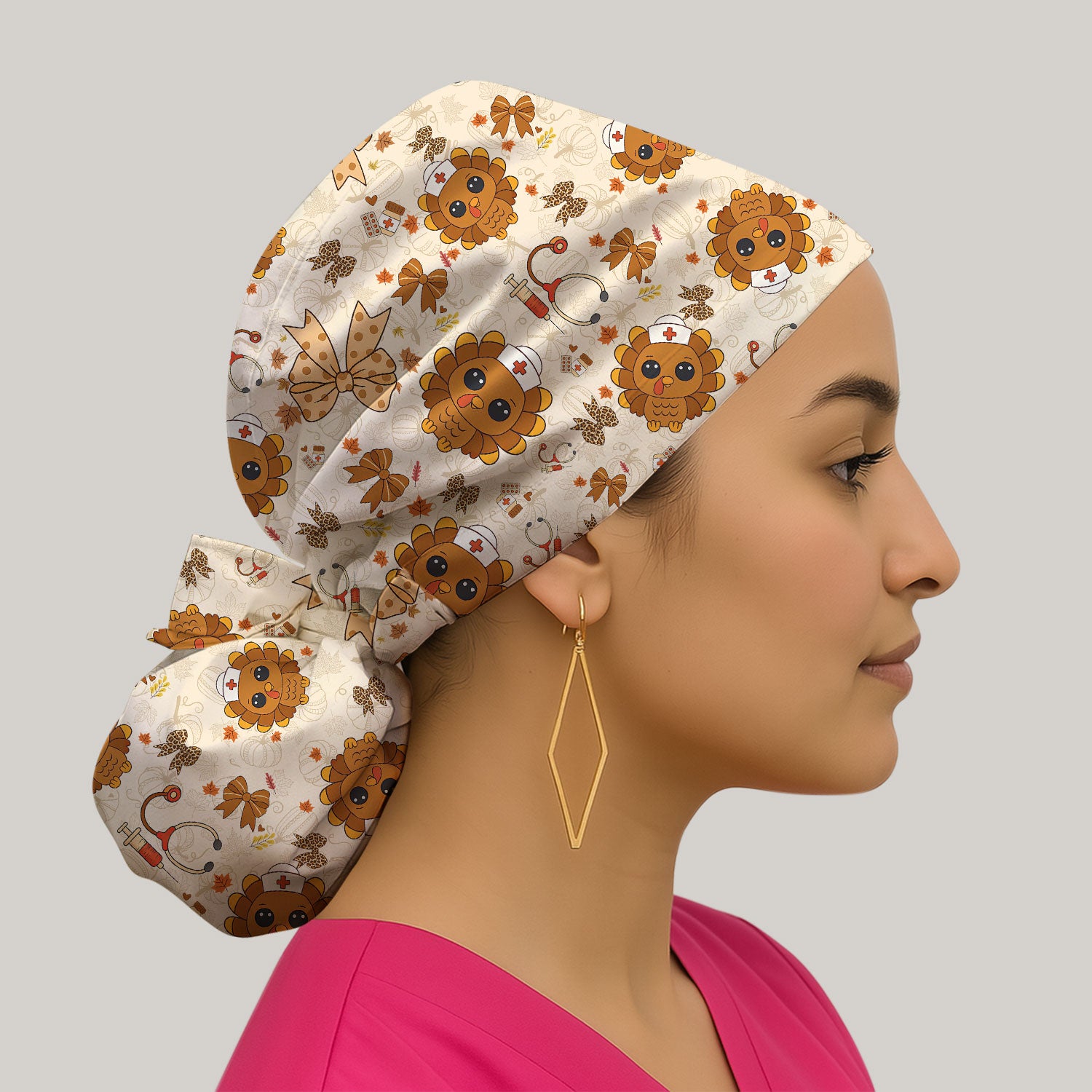 Thanksgiving Bouffant Scrub Caps for Women - Fall Leaves and Bow Holiday Nursing Gift - Breathable Fabrics Caps Uniform