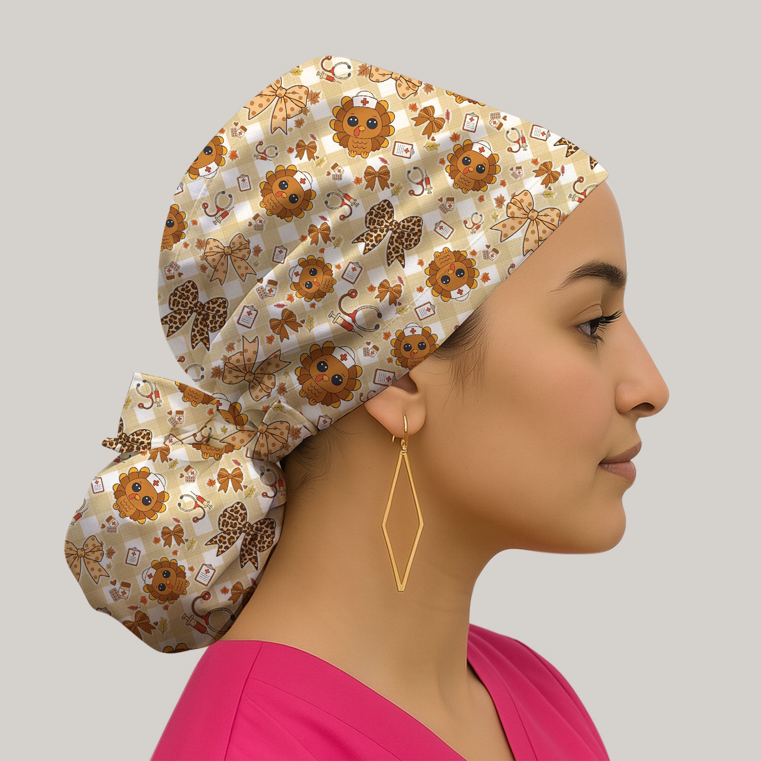 Thanksgiving Bouffant Scrub Caps for Women - Cute Turkey Holiday Nursing Gift - Fall Leaves and Bow Caps