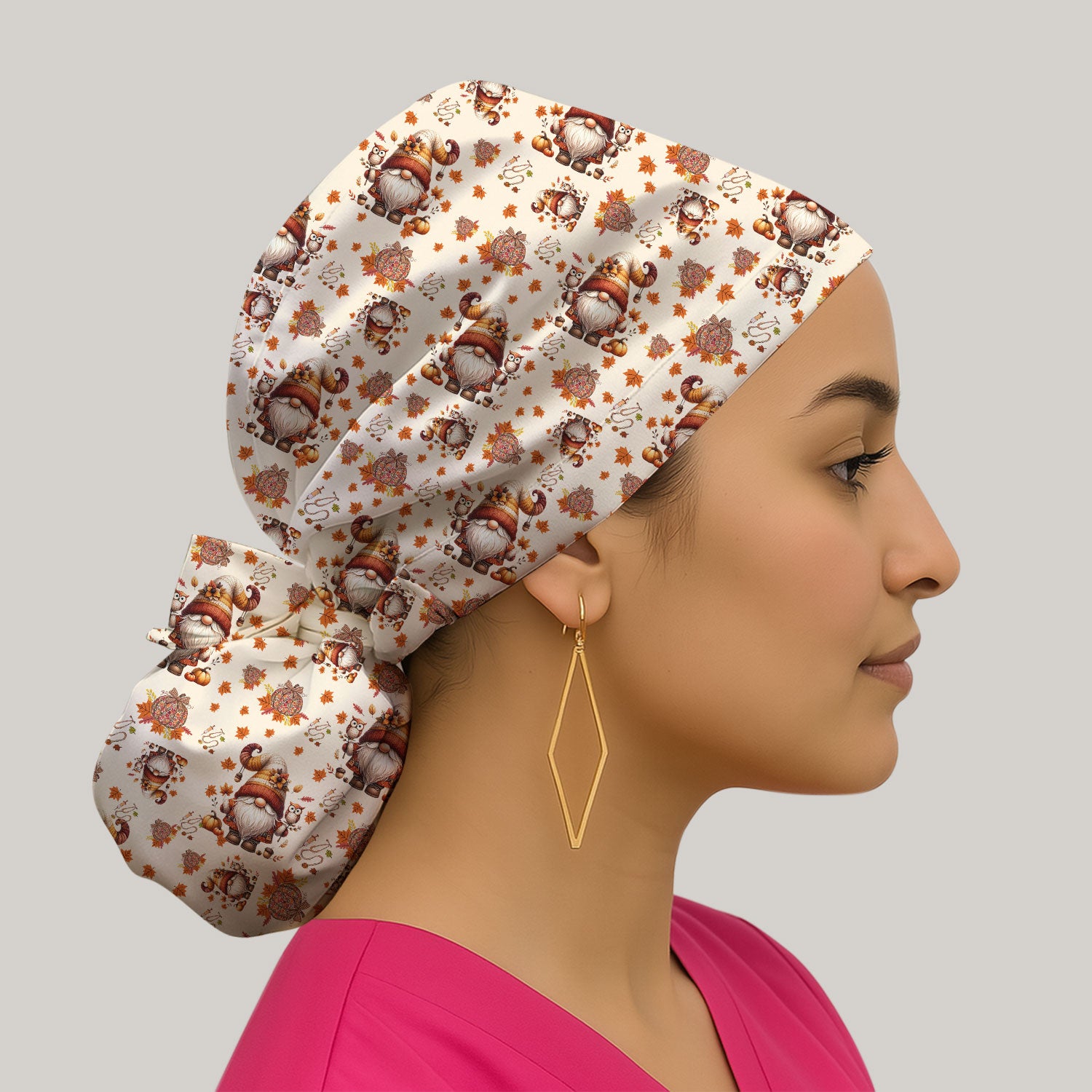 Autumn Leaves Pumpkin Bouffant Scrub Caps for Women - Thanksgiving Surgical Caps for Doctors - Gnome Lover Gift for Her