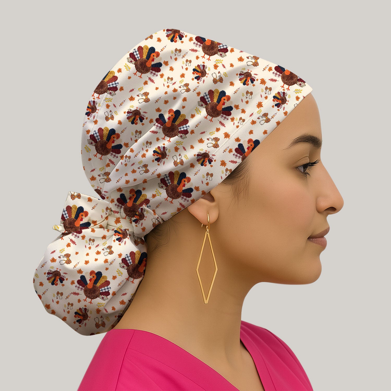 Thanksgiving Bouffant Scrub Caps for Women - Funny Autumn Turkey Surgical Caps for Doctors - Breathable Fabrics Caps Uniform