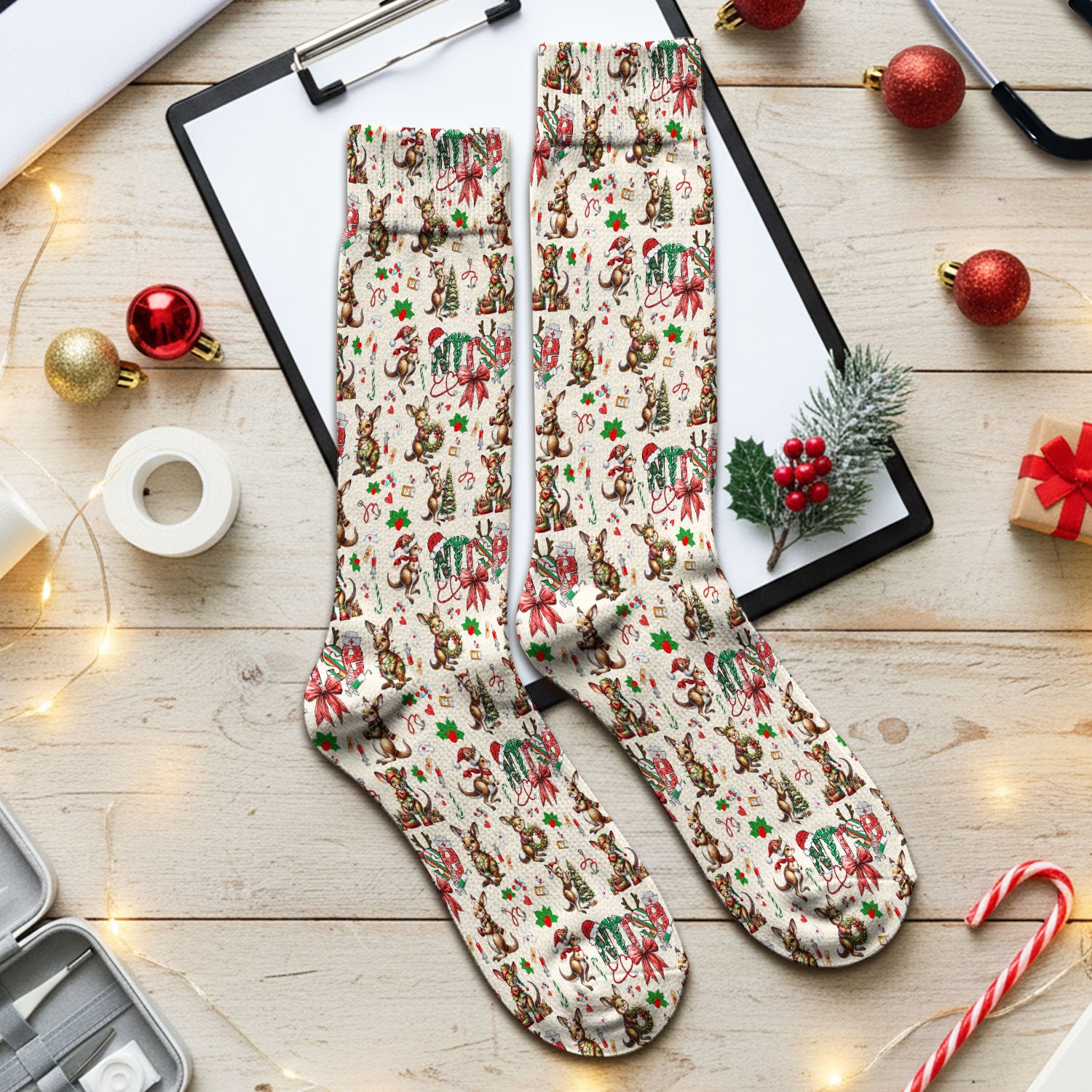 Whimsical Kangaroo Christmas Scrub Socks – Festive Australian Animals Holiday Pattern – Cute Medical Uniform for Nurses, Vets & Healthcare Workers
