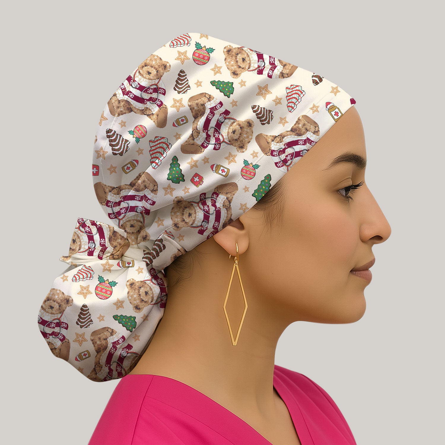 Teddy Bear Christmas Bouffant Scrub Caps for Women - Festive Holiday Nursing Gift - Breathable Fabrics Caps Uniform