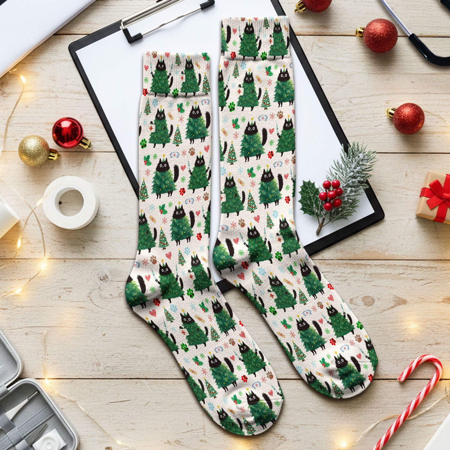Christmas Nurse Scrub Socks, Xmas Black Cat Pattern Nurse Sock,  Breathable Fabrics Nursing Uniform