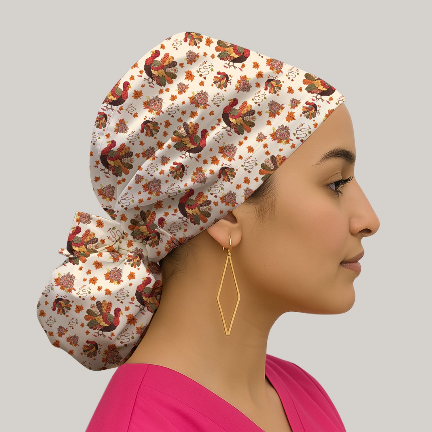 Fall Leaves Thanksgiving Bouffant Scrub Caps for Women - Breathable Fabrics Caps Uniform - Funny Turkey Surgical Caps for Doctors