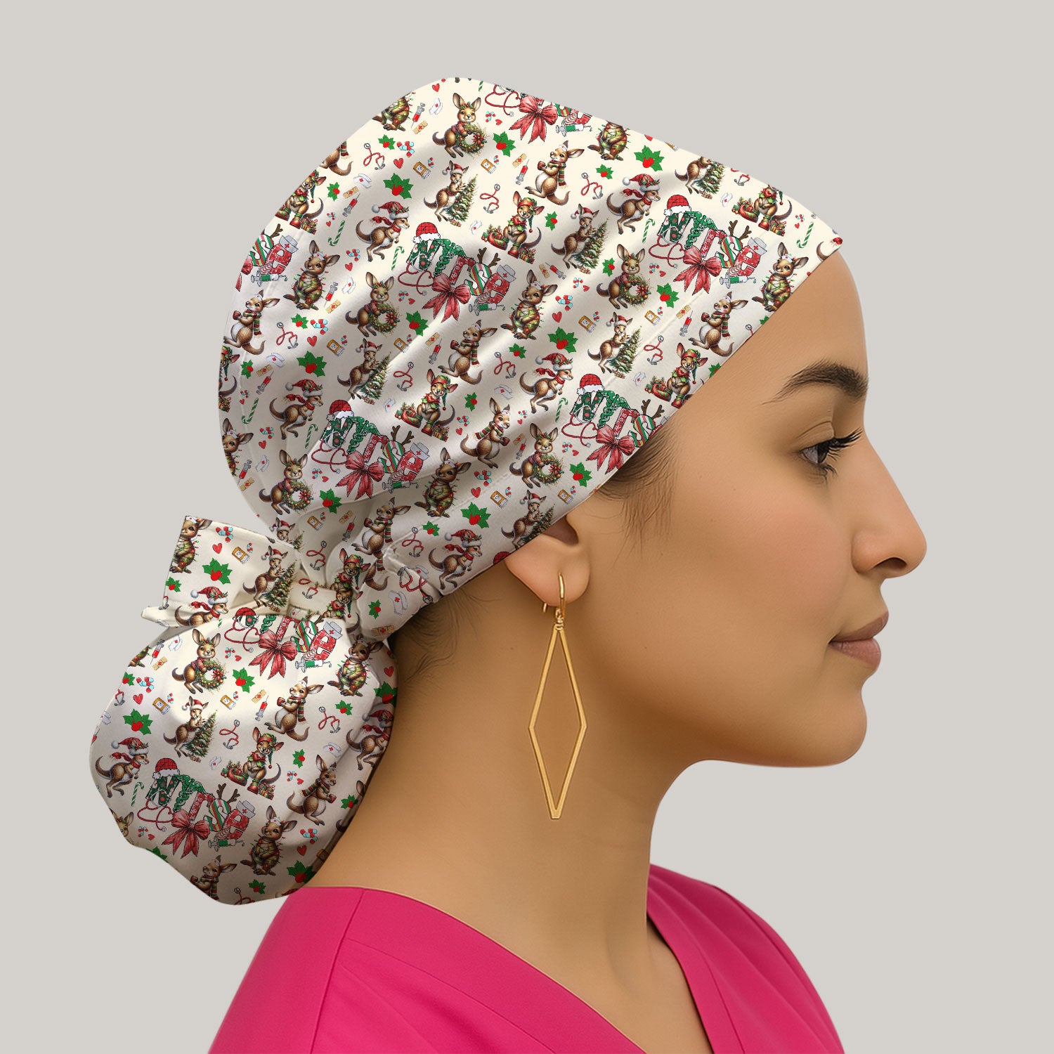 Whimsical Kangaroo Christmas Scrub Cap – Festive Australian Animals Holiday Pattern – Cute Medical Uniform for Nurses, Vets & Healthcare Workers