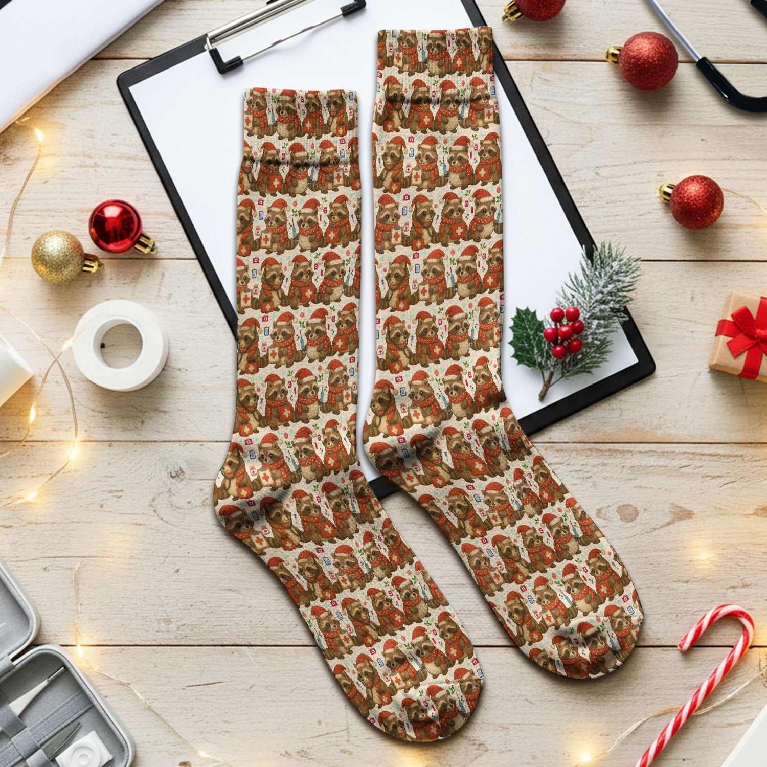 Christmas Scrub Socks – Nurse Raccoon Pattern Sock – Cute Medical Uniform For Nursing