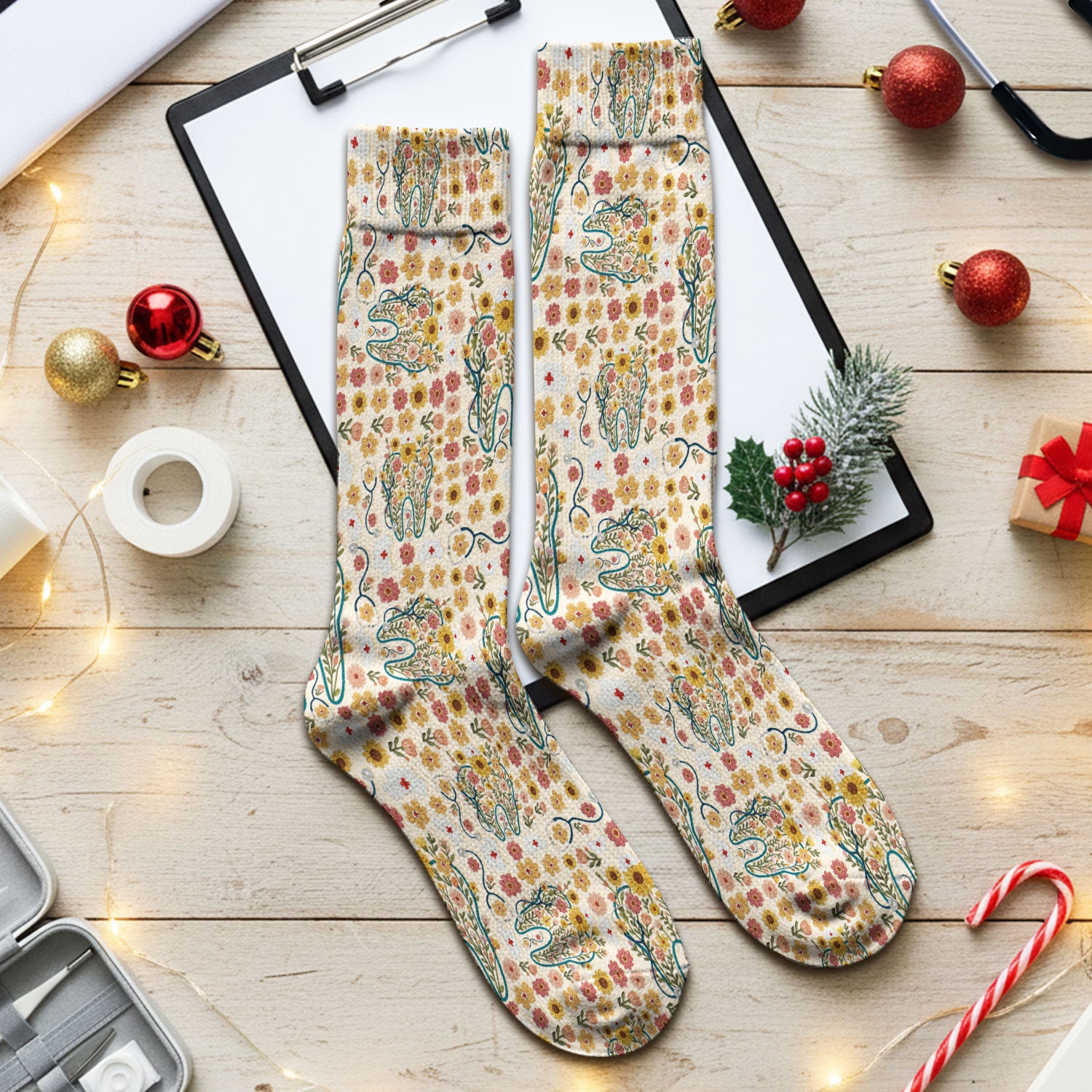 Boho Floral Tooth Socks for Nurse Doctor - Aesthetic Dental Adult Socks for Men and Women - Dentist Christmas Gift