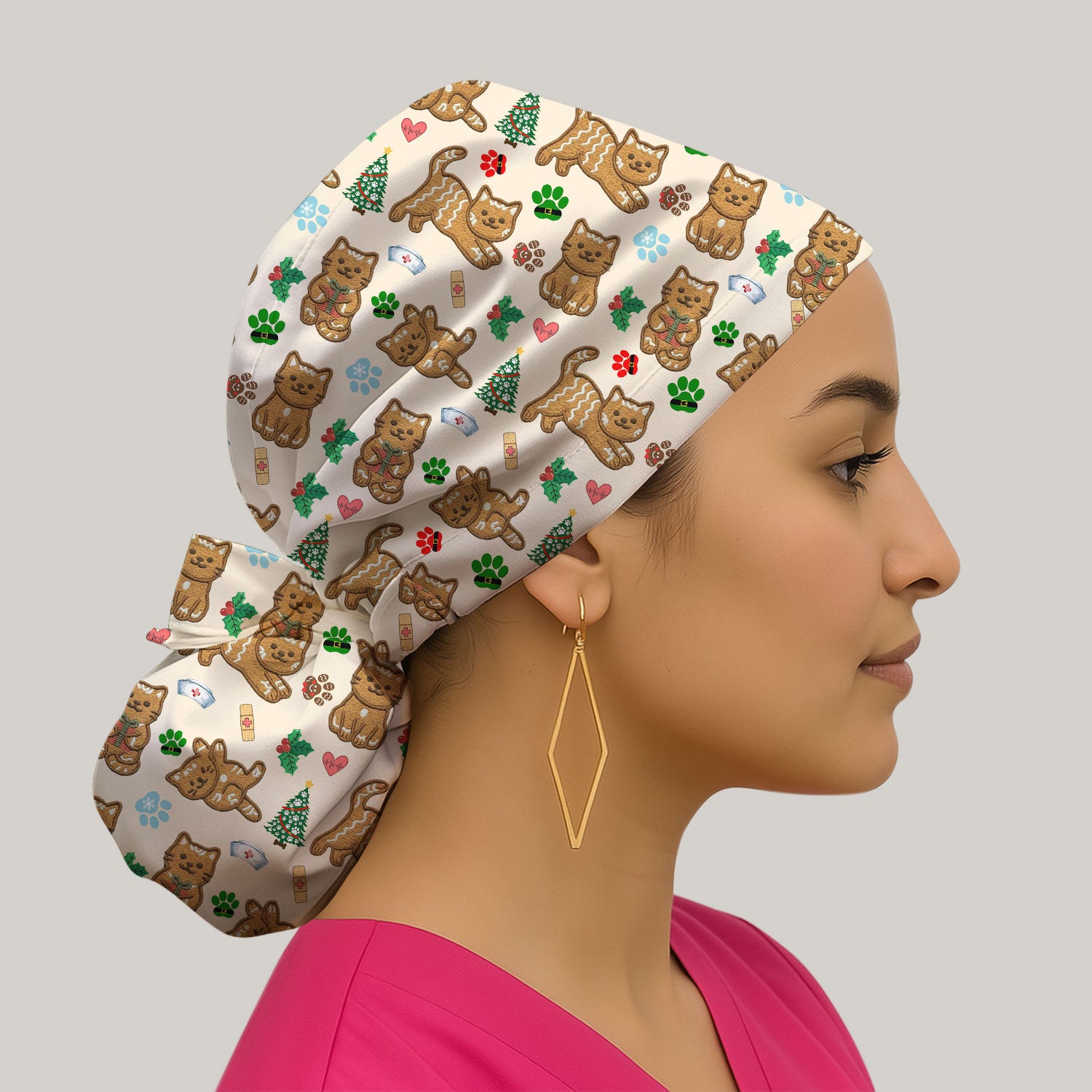 Gingerbread Cat Christmas Scrub Cap, Cute Holiday Kitty Medical Uniform Hat For Nursing, Festive Nurse Pattern