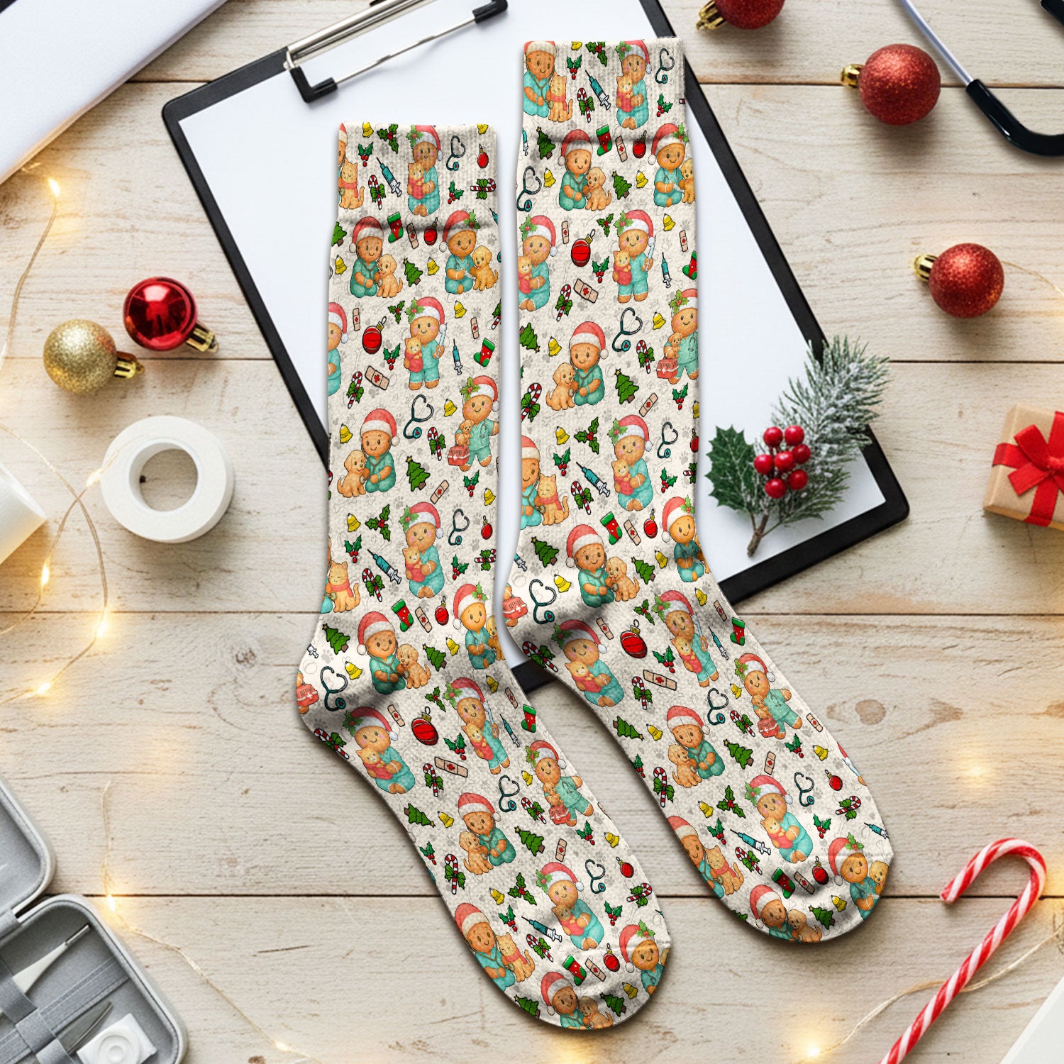 Cute Pharmacy Christmas Socks – Funny Gingerbread Nurse Print Socks – Festive Holiday Medical Uniform for Pharmacy Tech and Doctor