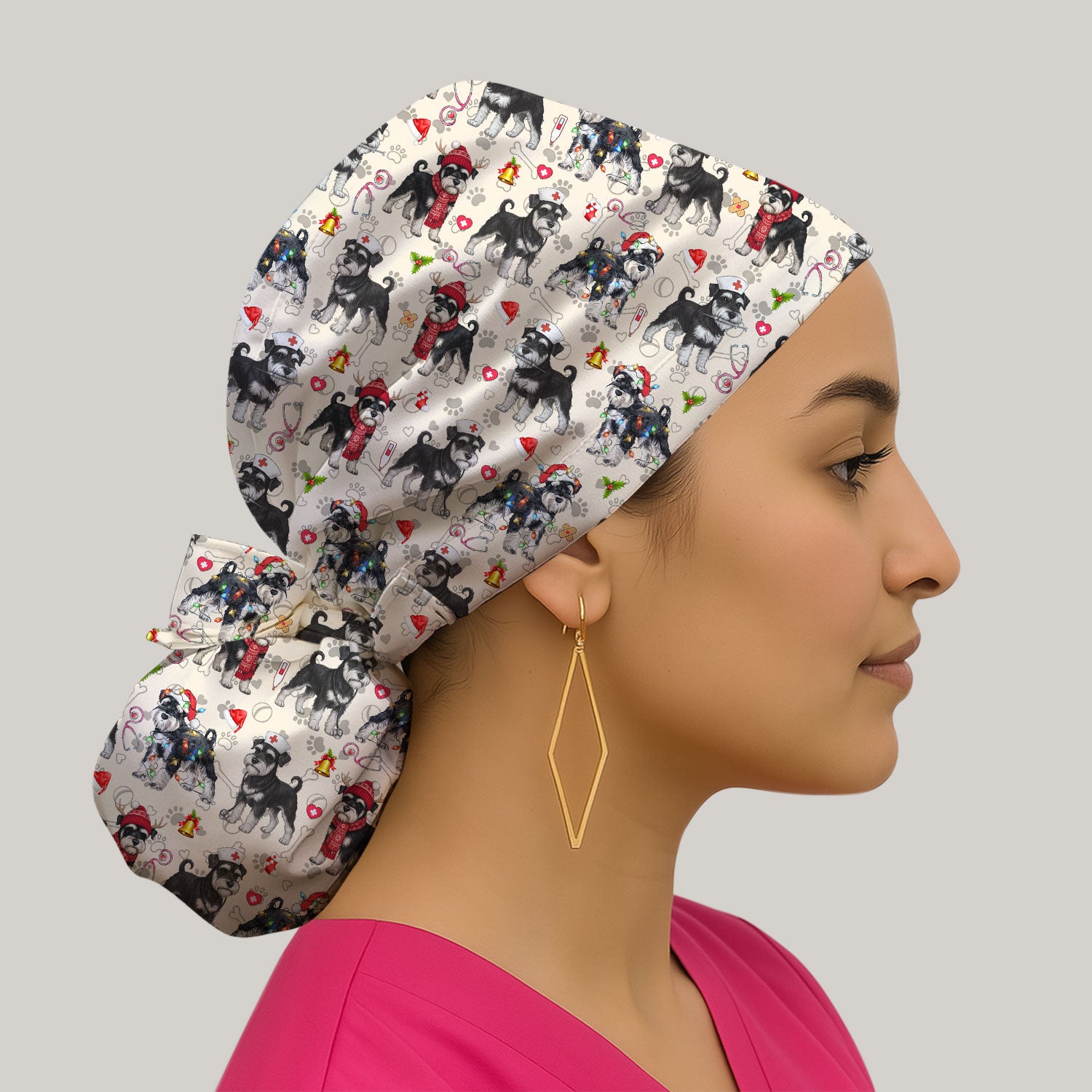 Christmas Schnauzer Bouffant Scrub Caps for Women - Cute Dog Holiday Gift - Breathable Fabrics Caps Uniform