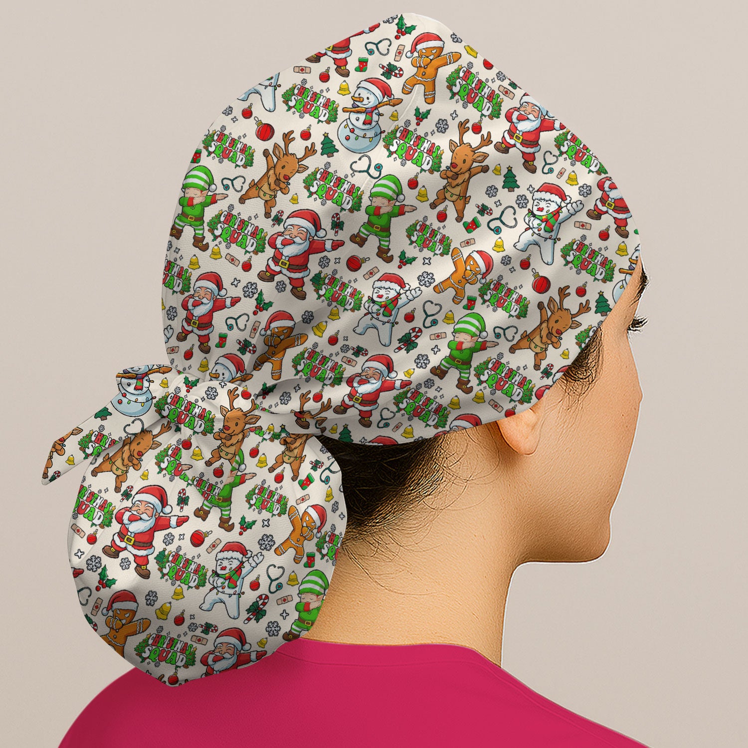 Christmas Squad Bouffant Scrub Caps for Women - Dancing Santa, Reindeer & Elf Holiday Nursing Gift - Funny Holiday Gift