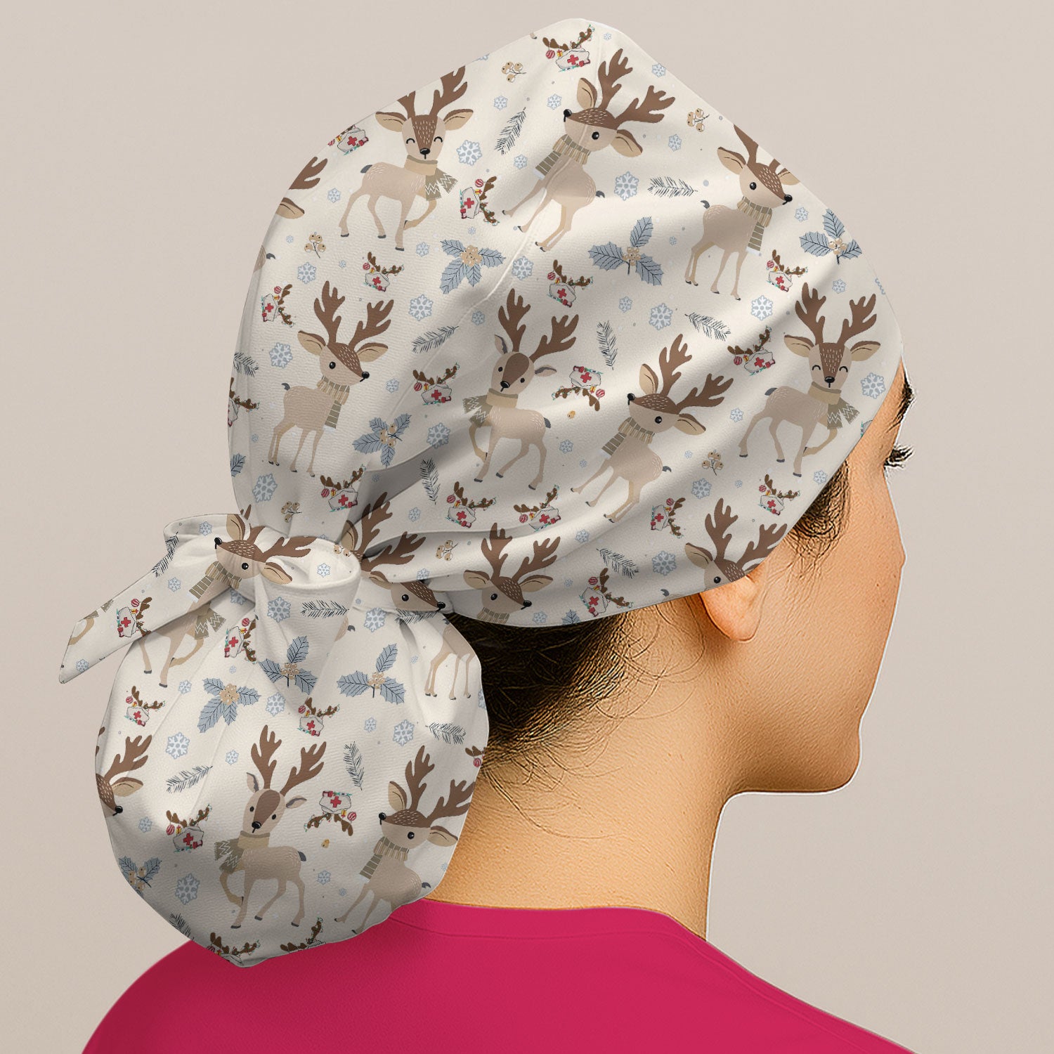 Reindeer Christmas Bouffant Scrub Caps for Women - Cozy Holiday Cute Deer Holiday Nursing Gift - Breathable Fabrics Caps Uniform