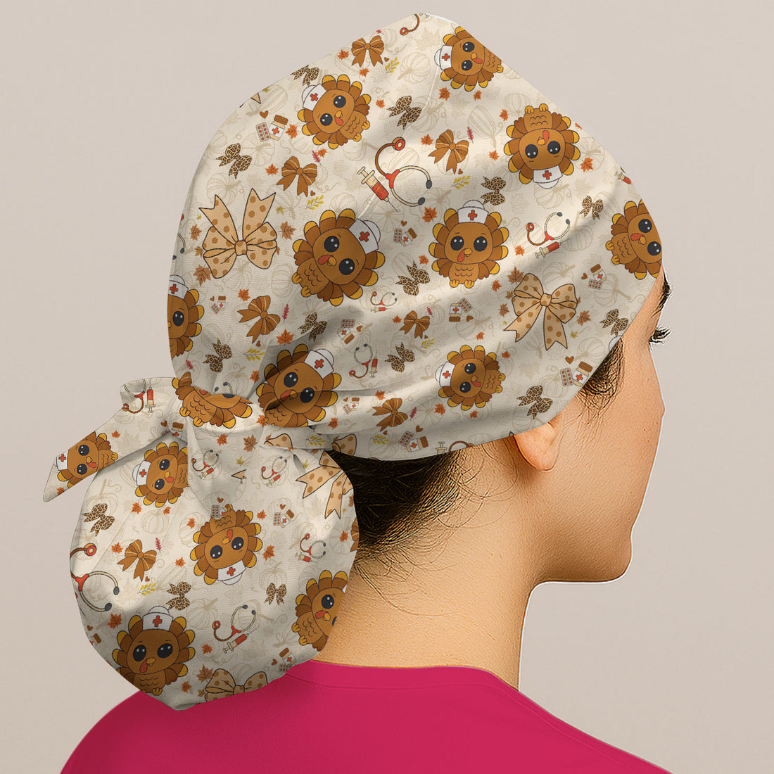 Thanksgiving Bouffant Scrub Caps for Women - Fall Leaves and Bow Holiday Nursing Gift - Breathable Fabrics Caps Uniform
