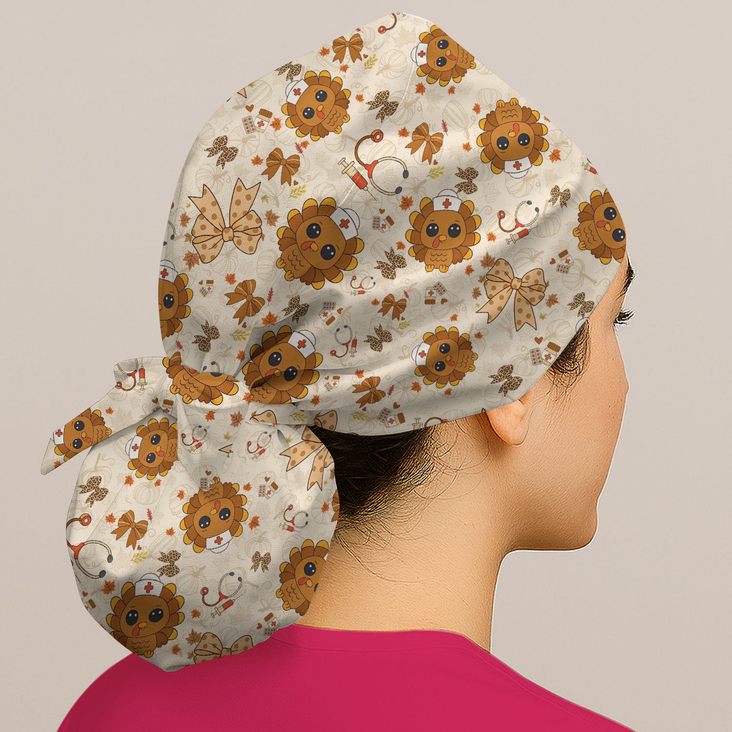 Thanksgiving Bouffant Scrub Caps for Women - Fall Leaves and Bow Holiday Nursing Gift - Breathable Fabrics Caps Uniform