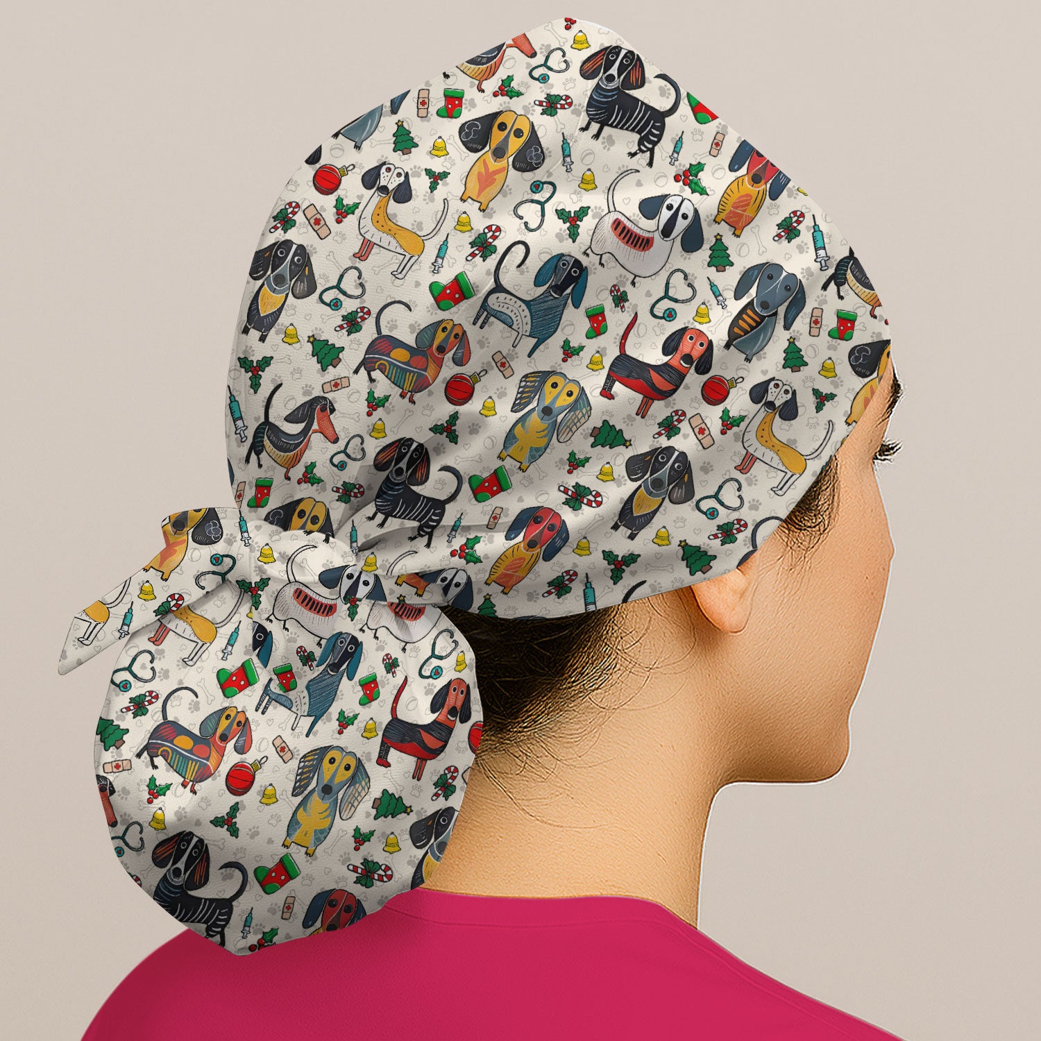 Christmas Wiener Dog Bouffant Scrub Caps for Women - Dachshund Holiday Nursing Gift - Breathable Fabrics Caps Uniform