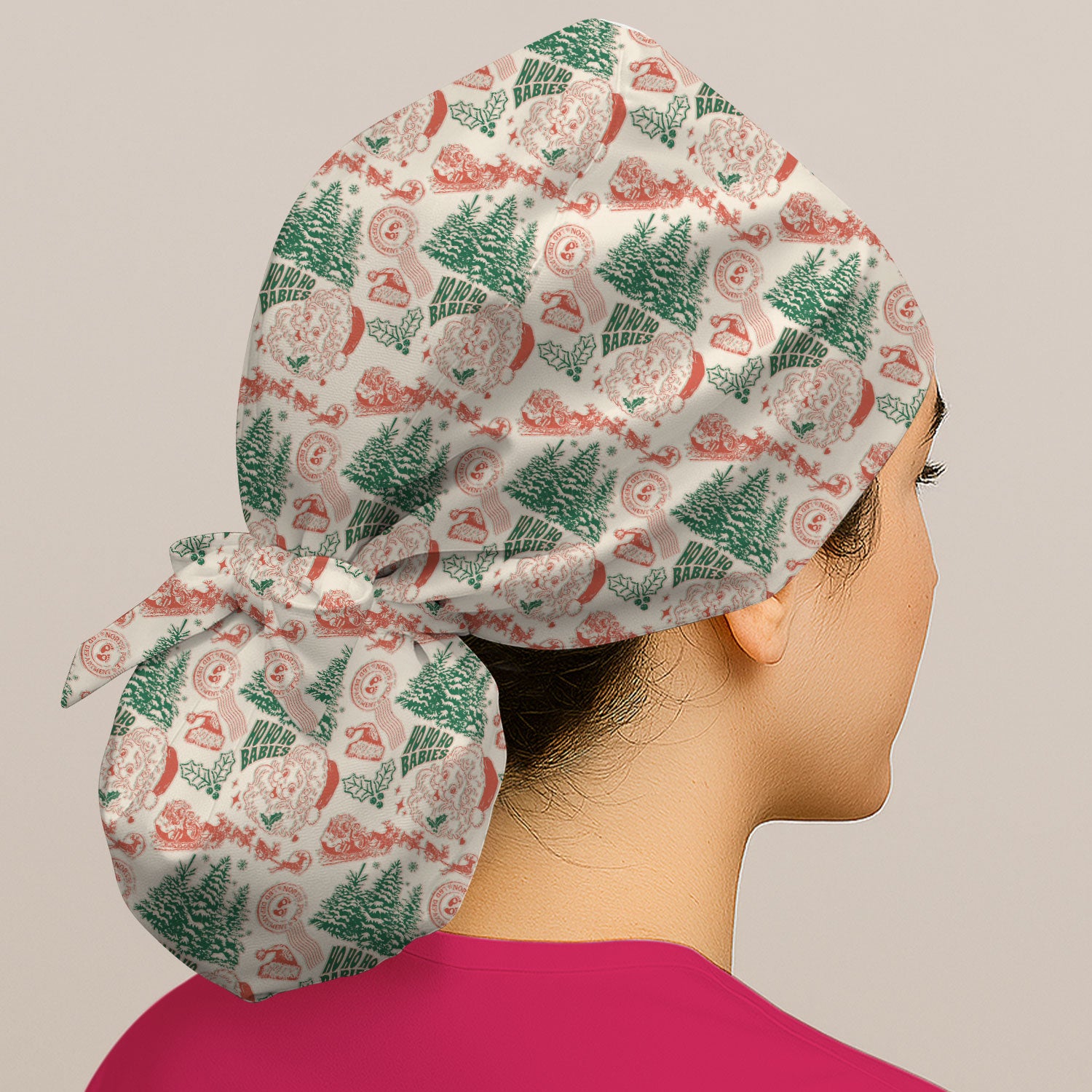 Christmas Santa Scrub Cap, Vintage Holiday Nurse Cap, Festive Medical Uniform For Nursing