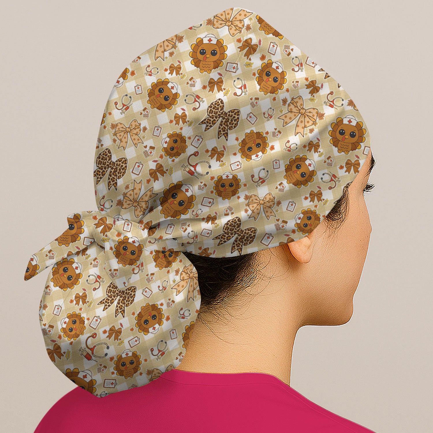 Thanksgiving Bouffant Scrub Caps for Women - Cute Turkey Holiday Nursing Gift - Fall Leaves and Bow Caps