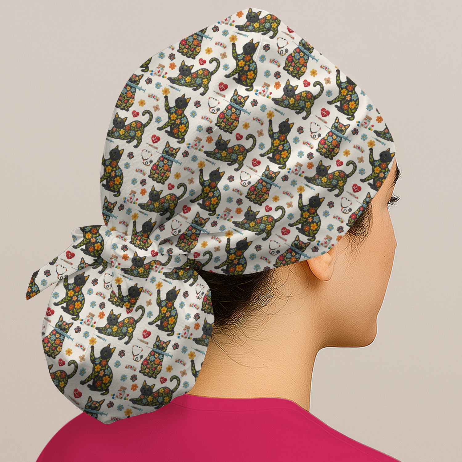 Floral Black Cat Pattern Scrub Cap, Cute Cat Nurse Scrub Hat, Medical Nursing Uniform