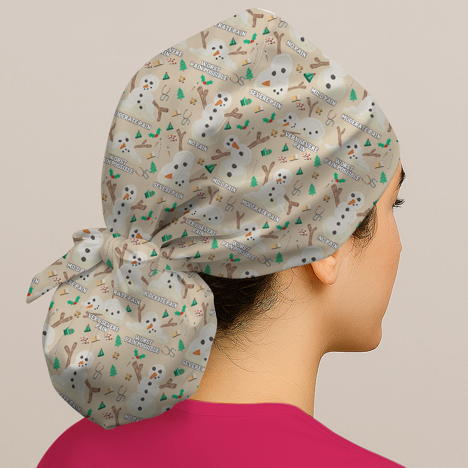 Funny Snowman Pain Scale Bouffant Scrub Caps for Women - Christmas Holiday Nursing Gift