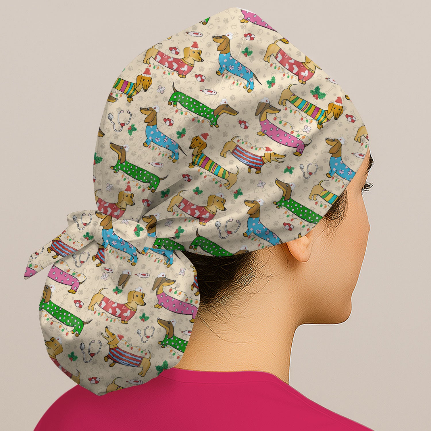 Funny Dachshund Bouffant Scrub Caps for Women - Cute Wiener Dog Holiday Nursing Gift - Puppy Lover Gift