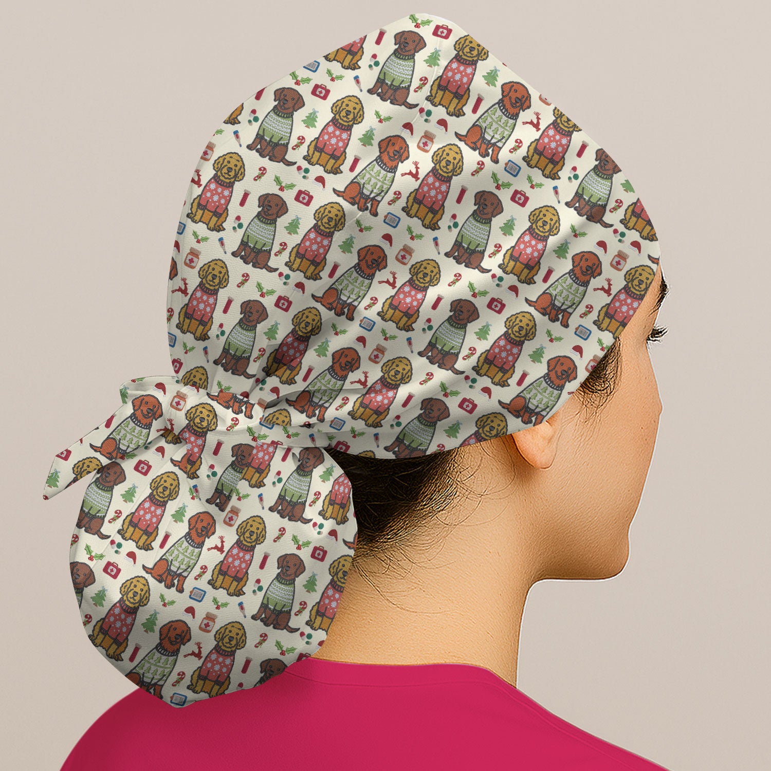 Golden Retriever Christmas Scrub Cap, Cute Holiday Dog Nurse Pattern Hat, Breathable Fabrics Nursing Uniform