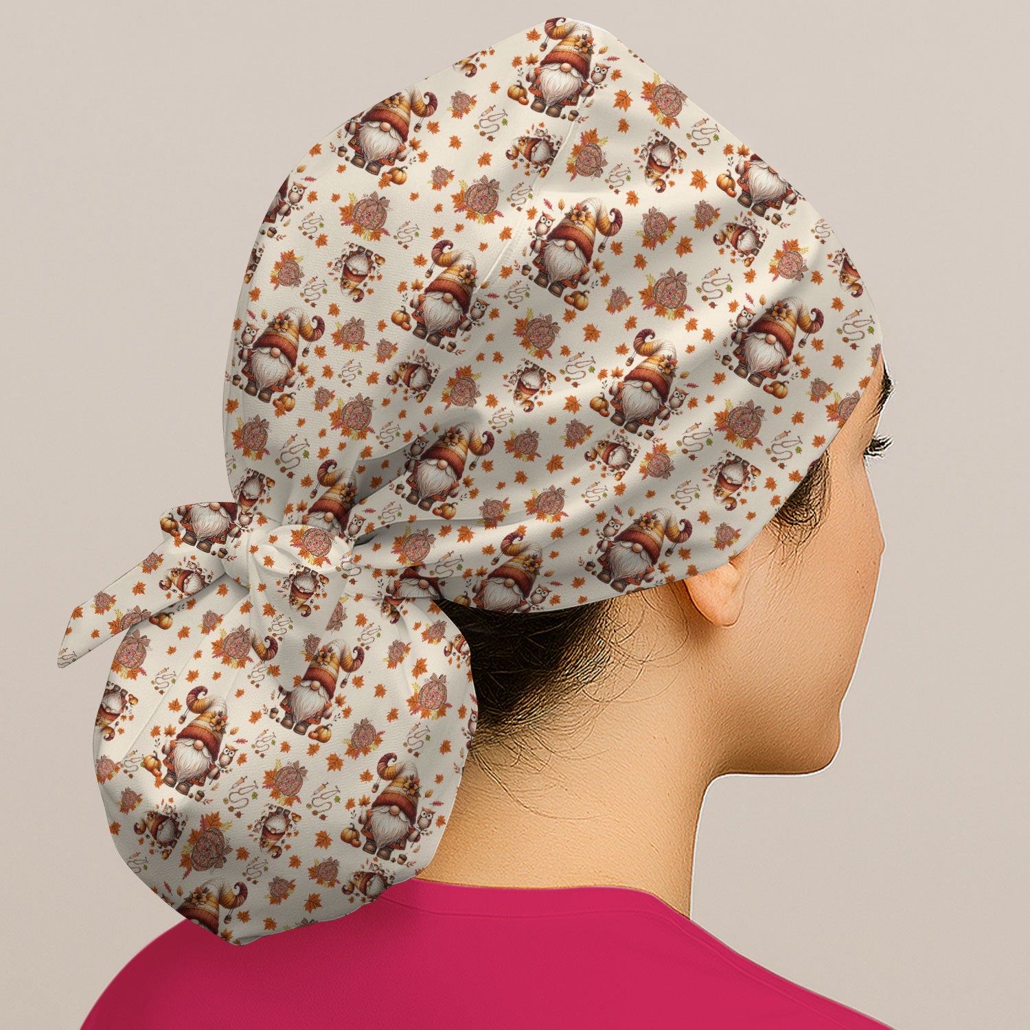 Autumn Leaves Pumpkin Bouffant Scrub Caps for Women - Thanksgiving Surgical Caps for Doctors - Gnome Lover Gift for Her