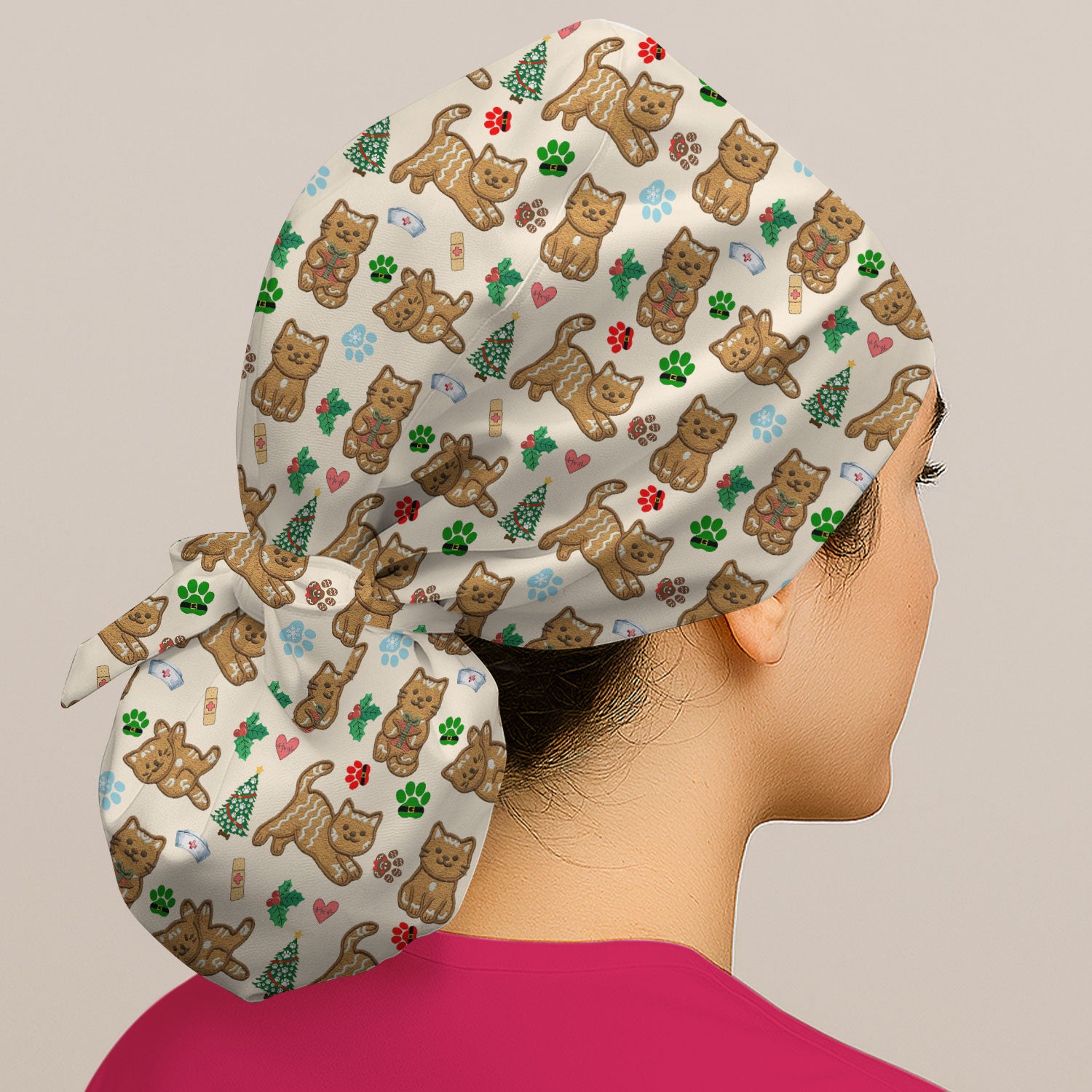 Gingerbread Cat Christmas Scrub Cap, Cute Holiday Kitty Medical Uniform Hat For Nursing, Festive Nurse Pattern