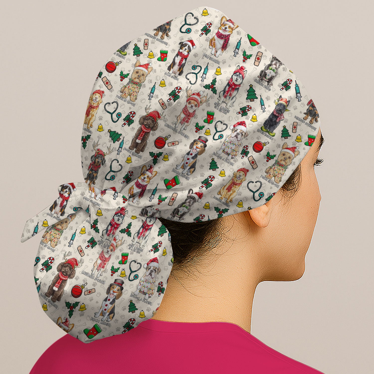 Cute Christmas Dog Bouffant Scrub Caps for Women - Corgi, Dachshund, Husky, Poodle & Labrador Surgical Caps for Doctors - Breathable Fabrics Caps Uniform
