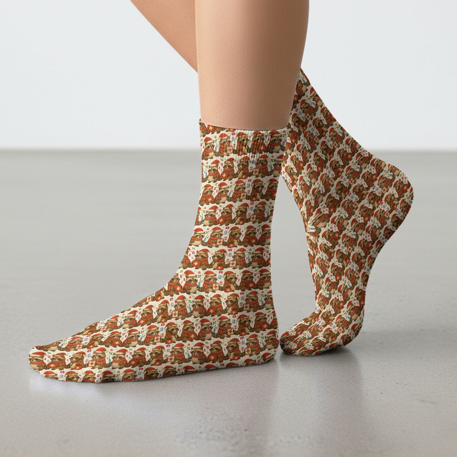 Christmas Scrub Socks – Nurse Raccoon Pattern Sock – Cute Medical Uniform For Nursing