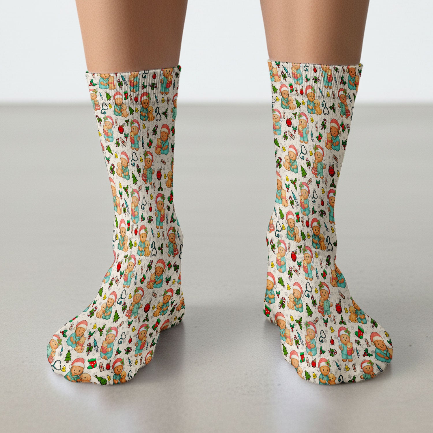 Cute Pharmacy Christmas Socks – Funny Gingerbread Nurse Print Socks – Festive Holiday Medical Uniform for Pharmacy Tech and Doctor
