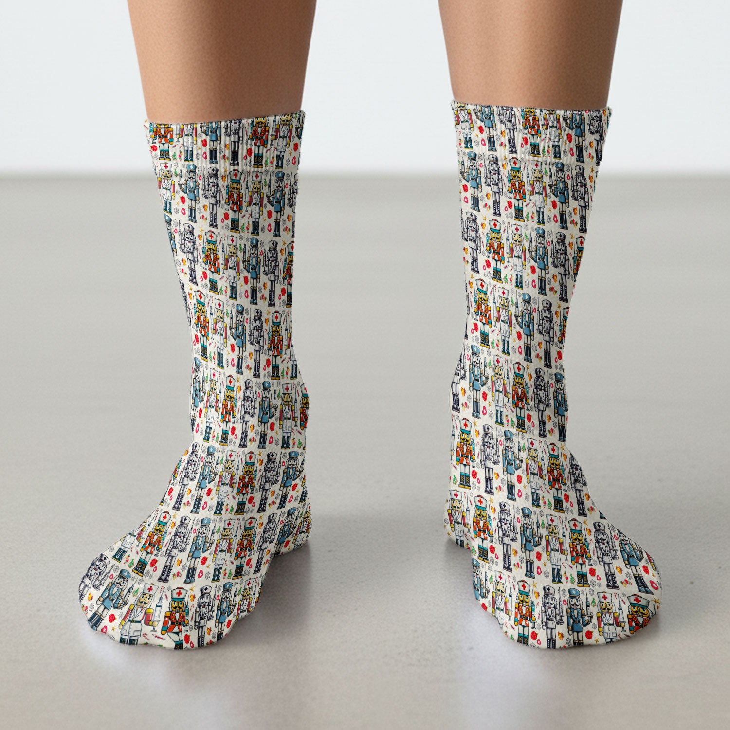 Funny Nutcracker Christmas Socks – Cute Holiday Nurse Pattern Sock – Festive Medical Uniform for RN, LPN, CNA, and Healthcare Workers