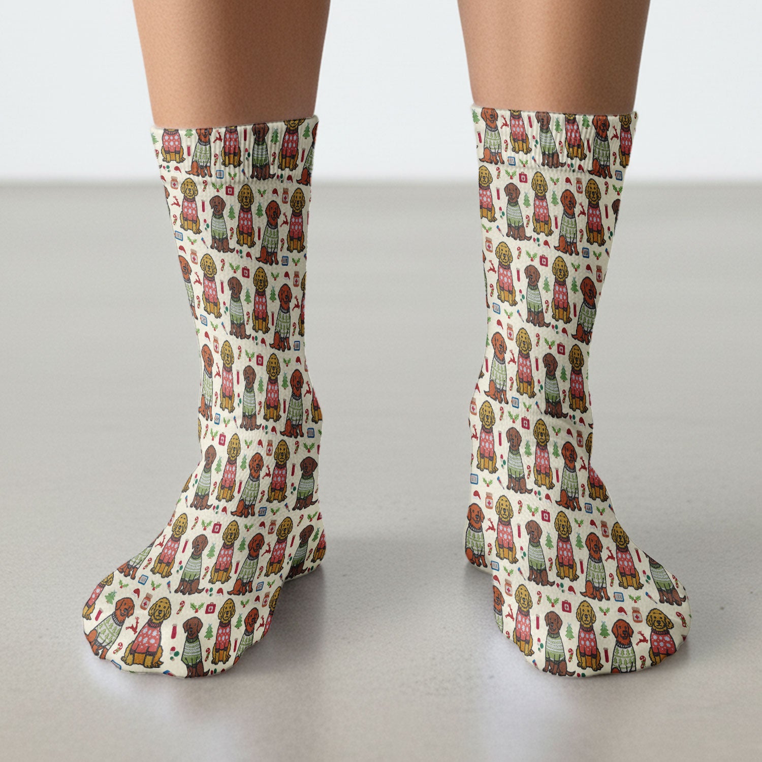 Golden Retriever Christmas Scrub Socks, Cute Holiday Dog Nurse Pattern Sock, Breathable Fabrics Nursing Uniform